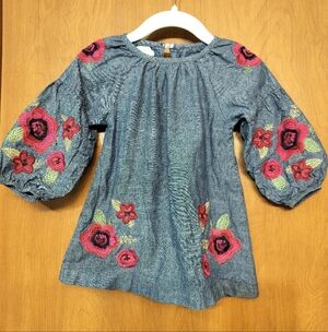 Mud Pie Chambray Peasant Dress with Red/Pink/Green/Blue Floral Embroidery 12-18M